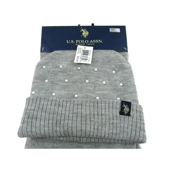 U.S. Polo Assn. Women's Simulated Pearls Knit Hat & Scarf Set Gray One Size New - Picture 5 of 6